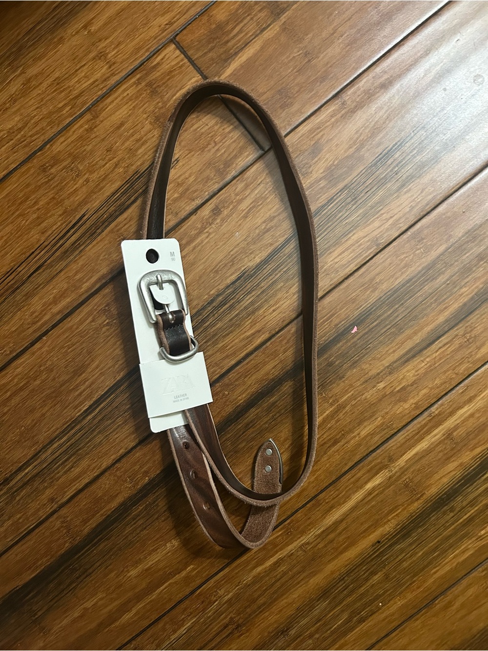 Zara Brown Leather Narrow Belt with Silver Buckle Made in Spain M(90)